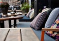 Cozy Restaurant Terrace Soft Bench Colorful Pillows Green Yellow Blue Pink Grey Chair Table Royalty Free Stock Photo