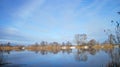 Nice river with smooth water surface and trees in frost Royalty Free Stock Photo