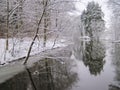 Nice river with smooth water surface and trees in frost Royalty Free Stock Photo