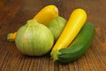 Nice round zucchini, long yellow and green zucchini