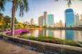 Nice Runing Track in the City Park under Skyscrapers at Sunrise