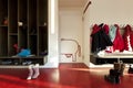 Detail of corridor of modern public school. There are clothes of children outside the classroom Royalty Free Stock Photo