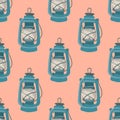 Nice seamless pattern with kerosene lamp. Nautical elements. Retro background. Vector illustration