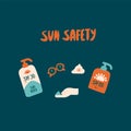 Nice selection of Safety in the sun. Set of sunscreen illustrations of accessories and sunscreen cosmetics. Cream, tubes