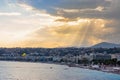 Nice, France shore and beach with Prom des Anglais boulevard, Le Carre d\'Or and Les Baumettes district under stormy sunset Royalty Free Stock Photo