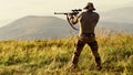 Nice shot. Army forces. Man military clothes with weapon. Brutal warrior. Rifle for hunting. Hunter hold rifle. Hunter Royalty Free Stock Photo