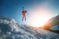 Nice skiing in the snowy mountains at sunset. Jump trick young male athlete skier Royalty Free Stock Photo