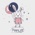 Nice small happy baby bunny girl with balloon. Hand drawn. Cartoon. Kids fashion. Design print. Baby wear. Vector