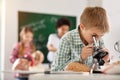 Nice smart boy having a biology class