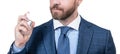 nice smell. masculine cosmetics. male perfumery. cropped businessman demonstrating bottle