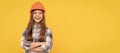 nice smile. building and construction concept. happy child worker wear hardhat. Child in hard hat horizontal poster