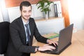 nice smiling business man with beard working at office sitting at desk looking at his laptop Royalty Free Stock Photo