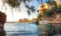 A nice spring view of the old harbor of traditional village Sisi, Crete. Royalty Free Stock Photo