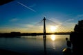 Nice sunset with Donaustadt bridge in Vienna, Austria.