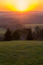 Nice sunset on hills with trees and meadow, Czech landscape Royalty Free Stock Photo