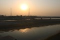 Nice Sunset moment at evening with Bridge and Tista River Bangladesh Royalty Free Stock Photo