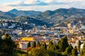 Nice sunset panorama with Riquier, Cimiez and Saint Roch historic old town districts with Alpes mountains in France Royalty Free Stock Photo