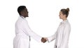 Nice to meet you Doctors meet and shake hands on white background. Royalty Free Stock Photo