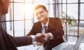 Nice to meet you in our team. Friendly man leader boss shake hand of new staff member Royalty Free Stock Photo