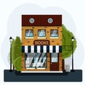 A nice two-story bookstore. Flat vector illustration of a brick building with a European striped canopy, street lights