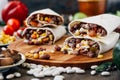 Nice vegetarian burrito over black table on wooden board. Royalty Free Stock Photo