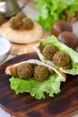 Nice vegetarian falafel in pita bread on wooden board.