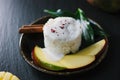 Nice vegetarian sticky rice with mango pieces.