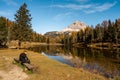 Nice view around Lago Antorno or lake Antorno before noon . One of the most beautiful scenic lake in Dolomites during Autumn