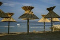 Nice view of beach Croatia. Crystal clear waters and beach umbrellas . Adriatic sea. Tourist destination in Croatia, Europe. Islan