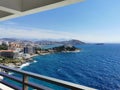 Nice view of the city and the Aegean Sea from the balcony. Turkey, Kusadasi. Royalty Free Stock Photo