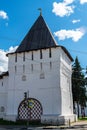 Russia, Yaroslavl, July 2020. The central square of the city with a fragment of the fortress wall and an Orthodox cathedral.