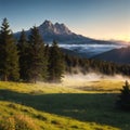 A nice view from a hilltop onto a forest growing on the hills and mountains on a...