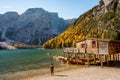 Nice view from Lago di braies . One of the most beautiful scenic lake in Dolomites late morning during Autumn season , Dolomites