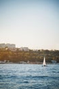 Nice view of small sailboat, yacht sailing in sunset at regatta