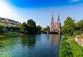 A nice view on The St. Paul`s Church of Strasbourg, France. It is located on the point where the Ill and Aare rivers join. Royalty Free Stock Photo
