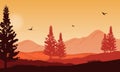 Nice views spruce trees and mountains in the twilight afternoon. Vector illustration