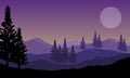 Nice views trees and mountains at a full moon. Vector illustration Royalty Free Stock Photo