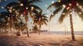 a nice warm evening at the sea, palm trees decorated in garlands for the holiday