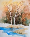 Nice watercolor painting of dying leafless trees in winter trees at riverside slope. Hand painted watercolor illustration. Indian