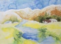 Nice watercolor painting of home on the top of a yellow field in the yellow landscape. Blue river flowing with mountains in the