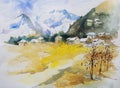 Nice watercolor painting of houses with mountains in the background., yellow field in the beautiful landscape. Hand painted