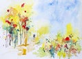 Nice watercolor painting of spring, Krishnachura tree red flowers on full bloom, man and woman walking holding hands. Hand painted