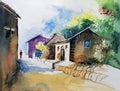 Nice watercolor painting of sunlit rural houses in an Indian village with play of light and shadow on them. Hand painted