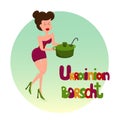 Nice woman carries kitchen pot of Ukrainian borscht.