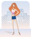 Nice woman in denim skirt and little top.Vector fa