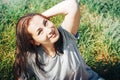 Nice woman in a field full of grass Royalty Free Stock Photo