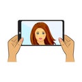 Nice woman making selfie. Vector flat design illustration.