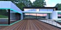 Nice wooden terrace of the luxury mansion finished with combined brick tile. Large panoramic windows reflecting forest environment Royalty Free Stock Photo