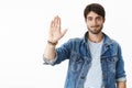 Nice work man give high five to your bro. Portrait of joyful and friendly supportive handsome entrepreneur with Royalty Free Stock Photo