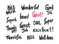 Nice work, wonderful, great, job, nice, well, done, super, thumbs, up, superb, excellent. Sticker for social media